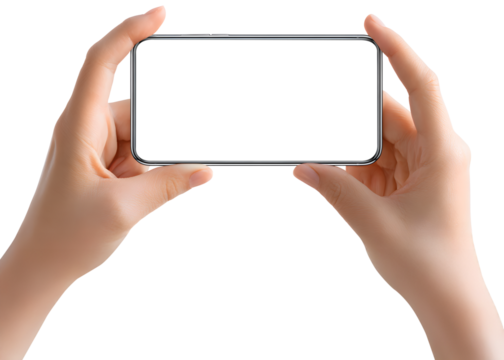 Hand holding smartphone with blank white screen isolated on transparent background.