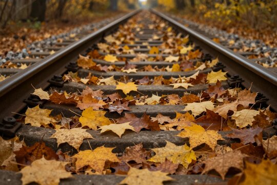 Autumn fallen leaves scattered across railway tracks in a serene forest setting with warm earthy