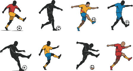 Soccer icon set, player silhouettes and colored figures in kicking motion with ball, sport, action, movement, vector design, grid