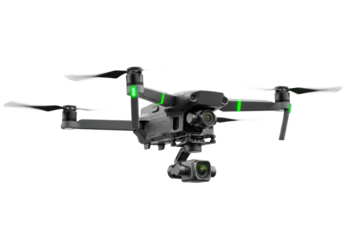 Dark gray quadcopter drone with blurring propellers, green lights, and high-res camera on gimbal, hovering in a studio against transparent background with copy space, technology concept