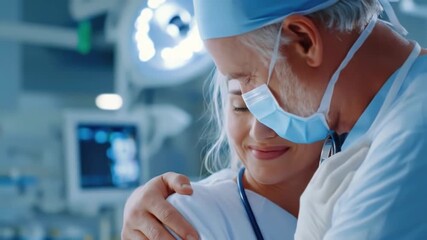 Heartwarming moment of emotional support between doctors in a hospital setting