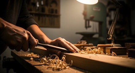 Carpenter using a chisel to shape a wooden board with wood shavings flying