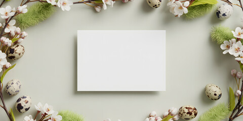 Easter spring floral wreath with blank card and quail eggs