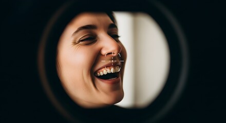 A joyful womans face with a biometric recognition scan is seen through a camera lens or peephole.
