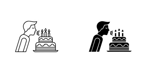 Person blowing out birthday candles on a cake, celebration icon set in outline and solid styles