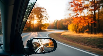 Scenic autumn road trip view from a car window during a golden sunset.