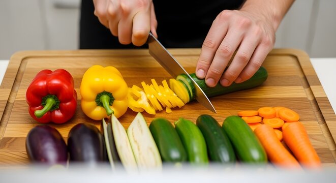 Person slicing vegetables on a wooden cutting board in the kitchen.
