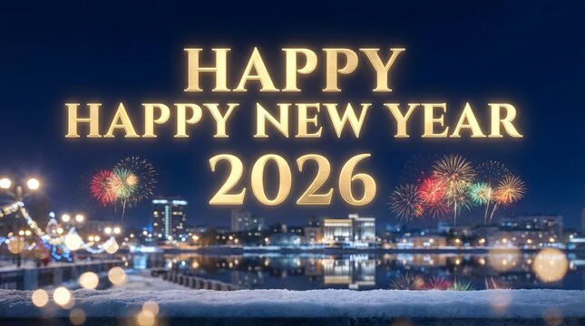 Happy new year 2026 celebration with fireworks over city skyline twinkling lights reflecting on water illuminated festive atmosphere and joyful anticipation