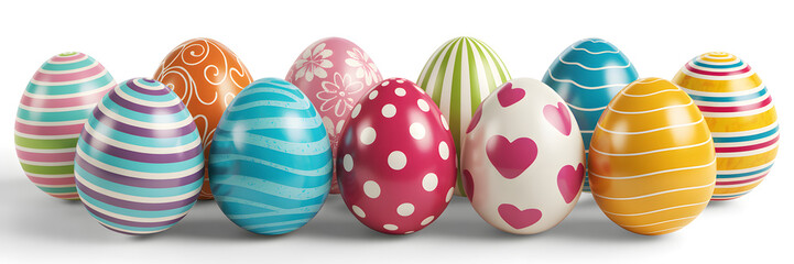 Colorful striped and patterned easter eggs arranged in a row