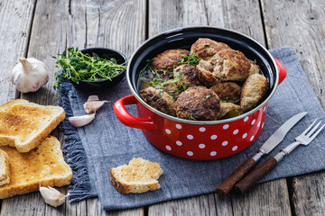 Frikadellen, Minced Meat Patties in a red pot