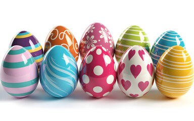 Colorful easter eggs with various patterns and designs on white background