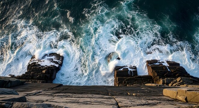Aerial view of waves crashing against the rocky shore.