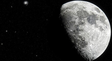 A detailed view of the moons cratered surface with a distant spiral galaxy visible in the dark expanse of space.