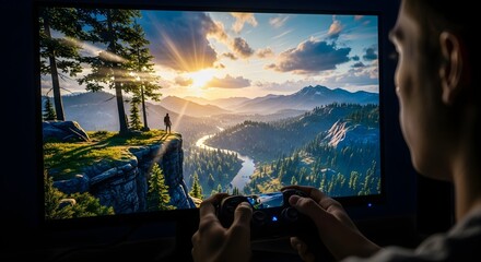 A person plays a captivating video game featuring a breathtaking sunset over a mountain landscape.
