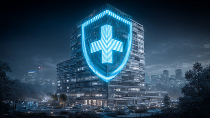 A large medical shield displayed on a corporate building representing healthcare protection digital security and institutional reliability.
