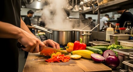 Chef prepares vegetables on a cutting board in a restaurant kitchen.