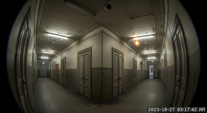 A fisheye lens captures the eerie perspective of a dim empty hallway.