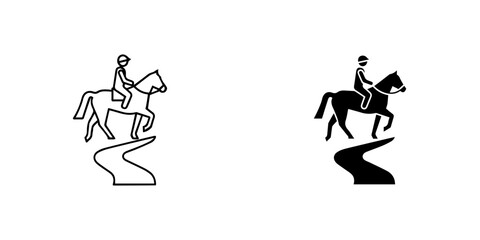 Outline and silhouette icons of a person riding a horse on a winding path, isolated on