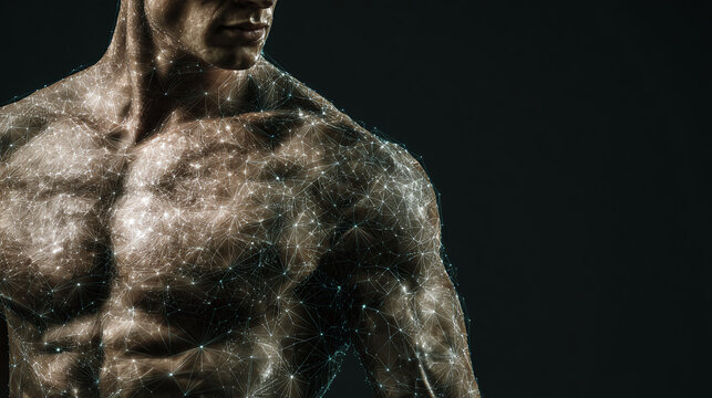 A close-up of a muscular body, showcasing toned physique and powerful build
