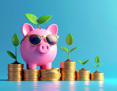 Growth and Savings Concept: Pink Piggy Bank with Sunglasses on Gold Coins with Growing Plants on a Blue Background