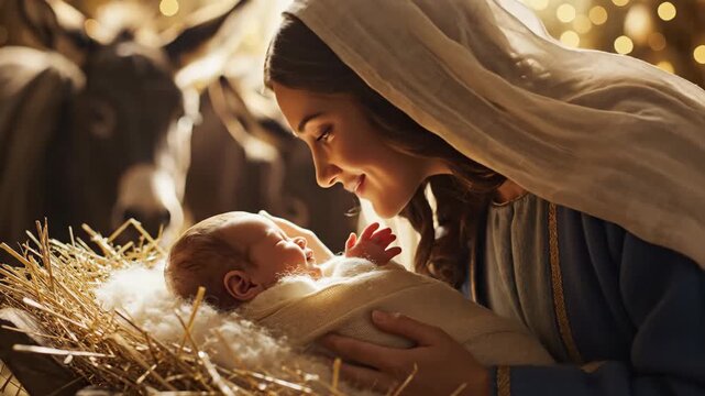 Holy bible video scene presents Virgin Mary holding infant Jesus Christ in stable. Holy bible video captures mother's tender love and donkey in background, golden bokeh lights illuminate scene.