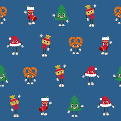 Świąteczny wzór bezszwowy z uroczymi postaciami – bałwanki, prezenty, bombki, gwiazdki i słodycze. Bożonarodzeniowe tło wektorowe. © Monika