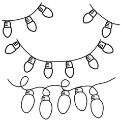 Hand Drawn Doodle Outline Christmas String Lights Black and White Holiday Decoration.
