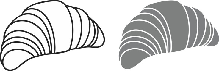 Minimalist vector icons of a classic crescent croissant, offering outline and solid style options for bakery and breakfast design elements