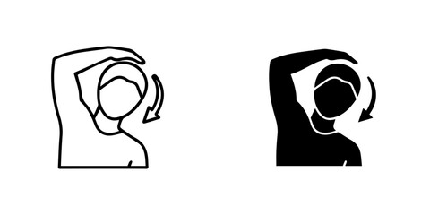 Person stretching neck with hand, outline and silhouette icons, showing movement, isolated on