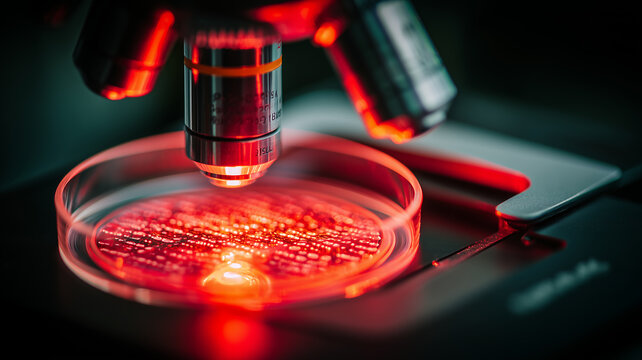 A focused microscope view revealing cellular structures on a petri dish symbolizing scientific discovery biological research and precise laboratory examination for advanced medical understanding.
