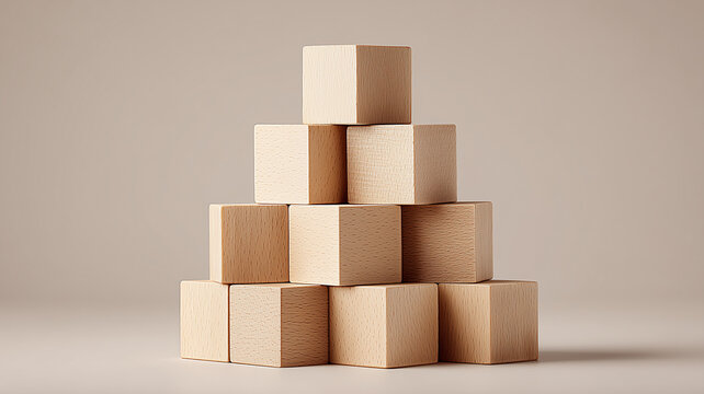 A symbolic structure of wooden blocks arranged in a stable pyramid shape representing organization strength planning and reliable foundation for building long term strategies.
