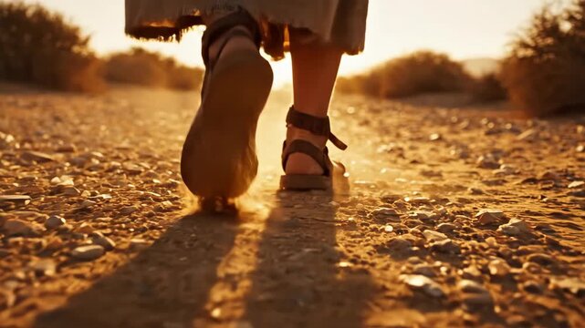 Footsteps in desert sands symbolizing journey, exploration, and faith. Barefoot person in sandals walking down dusty path in arid landscape, symbolizing life&rsquo;s journey and perseverance.