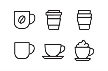 Simple black and white line art illustration of various coffee cups and drinks