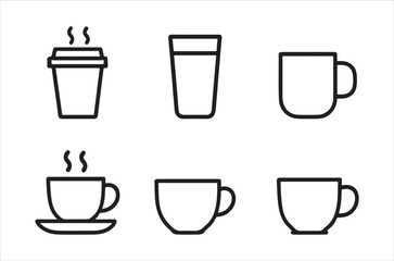 A collection of simple black line drawings depicting various cups and mugs