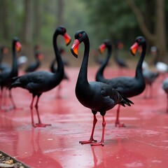Hybrid birds gather on a vibrant red surface in nature Generative AI