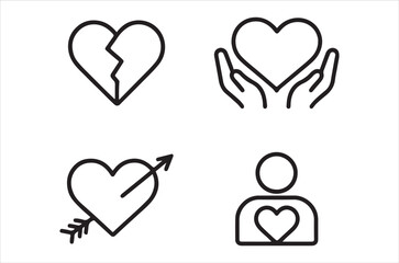 Love heartbreak and healing icons representing affection and emotional states