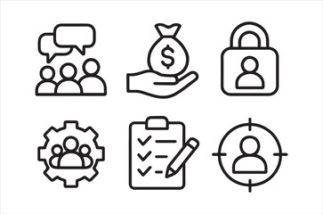 Security communication and financial management illustrated with simple line icons