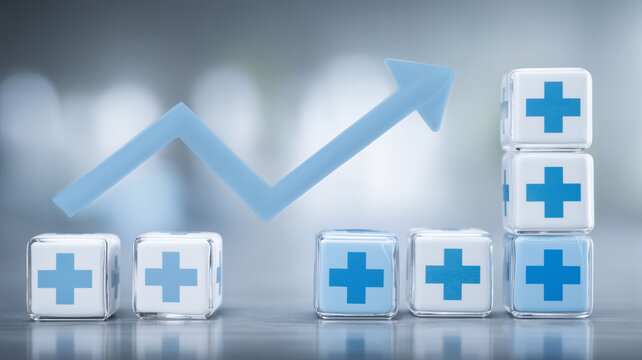 Healthcare improvement represented with stacked medical cubes and an ascending arrow, reflecting rising quality, expanding capability and strengthened health system performance.
