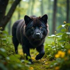 Mysterious black creature roams through enchanting forest Generative AI