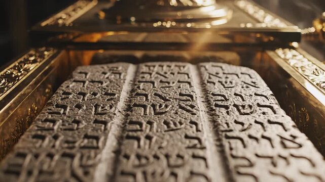 Holy Bible video featuring stone tablets inscribed with ancient Hebrew script inside golden ark. Holy Bible video setup includes the Ark of Covenant opened