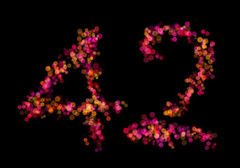 Number forty-two, 42 made with multicolored bokeh lights effect, Bokeh on black background, Digit, Blur, Glitter, Defocused, Seamless polka dot pattern, Illustration design