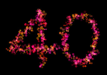 Number forty, 40 made with multicolored bokeh lights effect, Bokeh on black background, Digit, Blur, Glitter, Defocused, Seamless polka dot pattern, Illustration design
