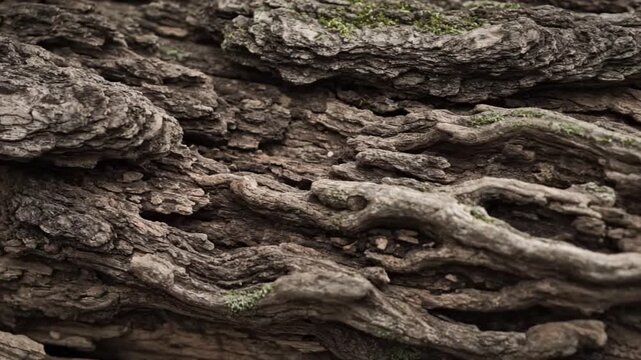 Fossilized Tree Roots Abstract with close up of tree bark abstract effect Tree Bark Close Up style featuring tree bark, nature, abstract, macro, cinematic 4k animated overlay, seamless loop stock
