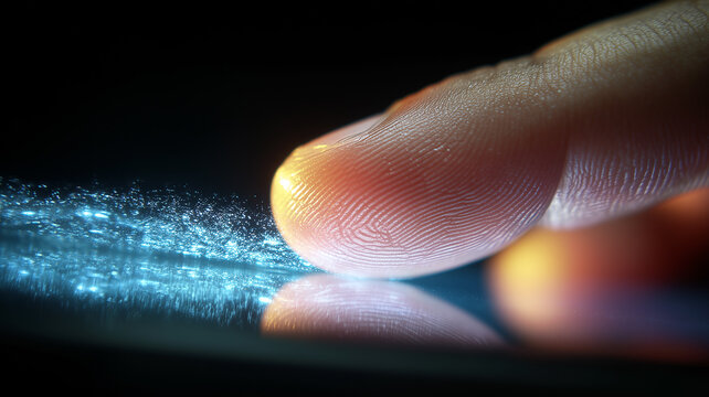 A highly detailed macro shot of a fingertip interacting with digital particles, symbolizing precision, sensitive data handling and the tactile nature of technological interfaces.
