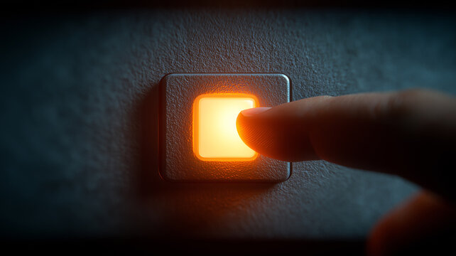 A fingertip pressing an illuminated button, symbolizing activation, decision making and the initiation of technological processes and controlled digital systems.
 - Powered by Adobe