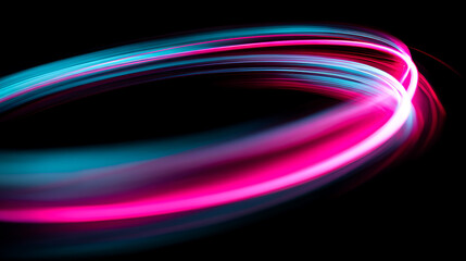 Abstract circular light painting with streaks of neon pink and blue motion blur against a black background, dynamic speed concept
