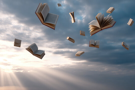 Books sky clouds flying open pages dramatic sunlight imagination surreal. Books float through dramatic cloudy sky sunlight streaming evoking