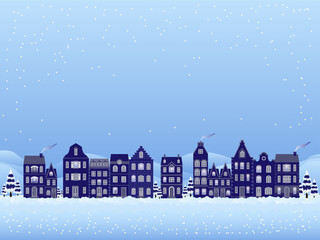 A winter village scene featuring a row of charming, old-style houses, with gentle snowflakes fall against a soft blue sky and wisps of smoke rise from chimneys.