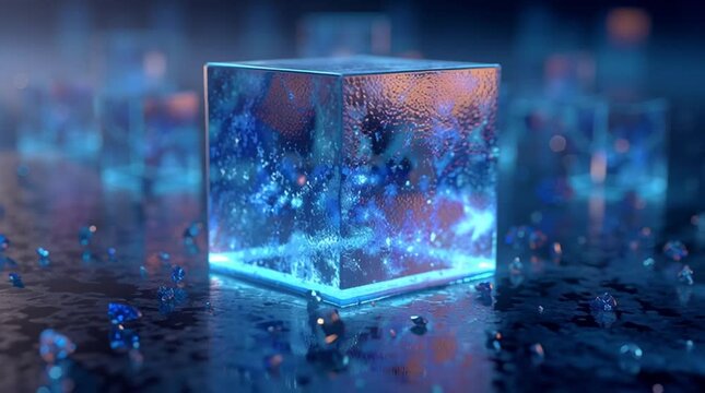 Cinematic macro of a glass cube pedestal glowing from within, elegant and modern composition, perfect for product display, luxury, digital, creative, abstract, and contemporary visual projects.

