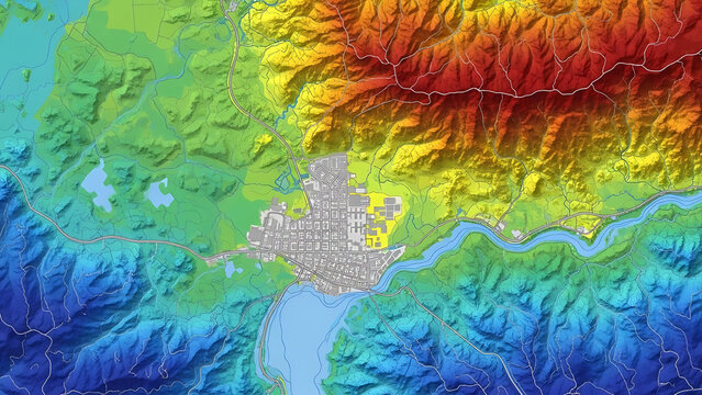 Digital topographic map showing an urban area, a large lake, and surrounding mountains, with colorful elevation data for geographical analysis and planning